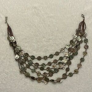 Statement Necklace with Bronze, Gold, and Green Discs, Bronze Beads.